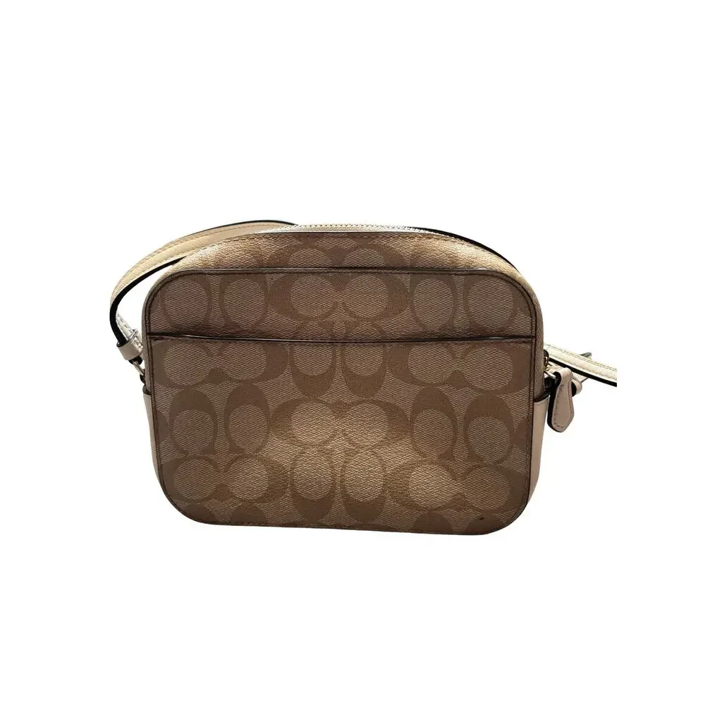 Coach Mini Camera Bag Signature Canvas Khaki Chalk Crossbody